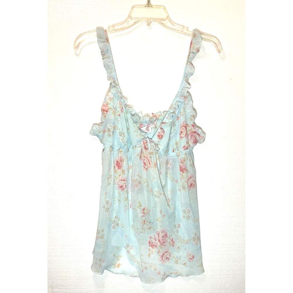 Vtg Victoria’s Secret Y2K Babydoll Chemise L Sheer Blue Floral Lingerie